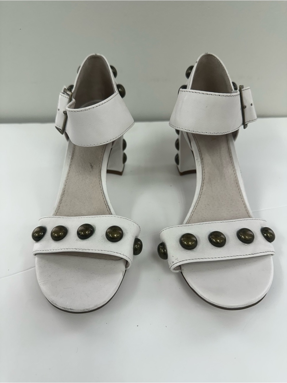 CECILIA NEW YORK White Studded Ankle-Strap Block Heels